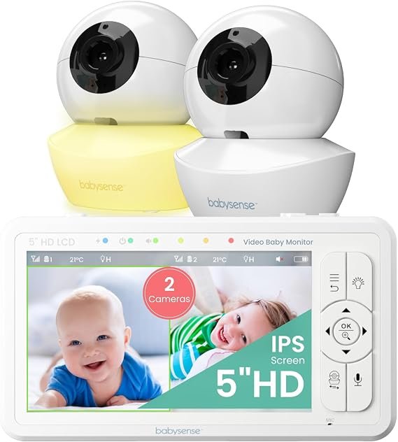Babysense Vigilabebés HD 5 pulgadas con 2 cámaras – Sin Wi-Fi, luz nocturna, nanas, alcance 300 m, audio bidireccional, zoom 4×, batería 4000 mAh