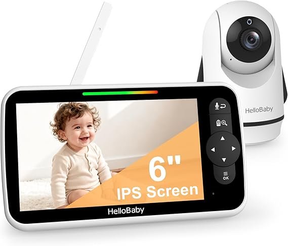 HelloBaby Vigilabebés con vídeo 6 pulgadas – Cámara y audio, batería 4000 mAh, visión nocturna, modo ECO, sin Wi-Fi, audio bidireccional, control…