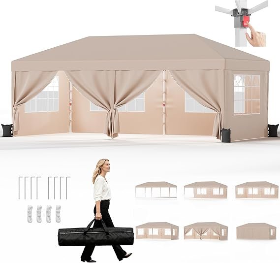 JUMMICO Cenador plegable 3 × 6 m – Impermeable y resistente al invierno, altura regulable, UV 50+, 6 paredes, beige