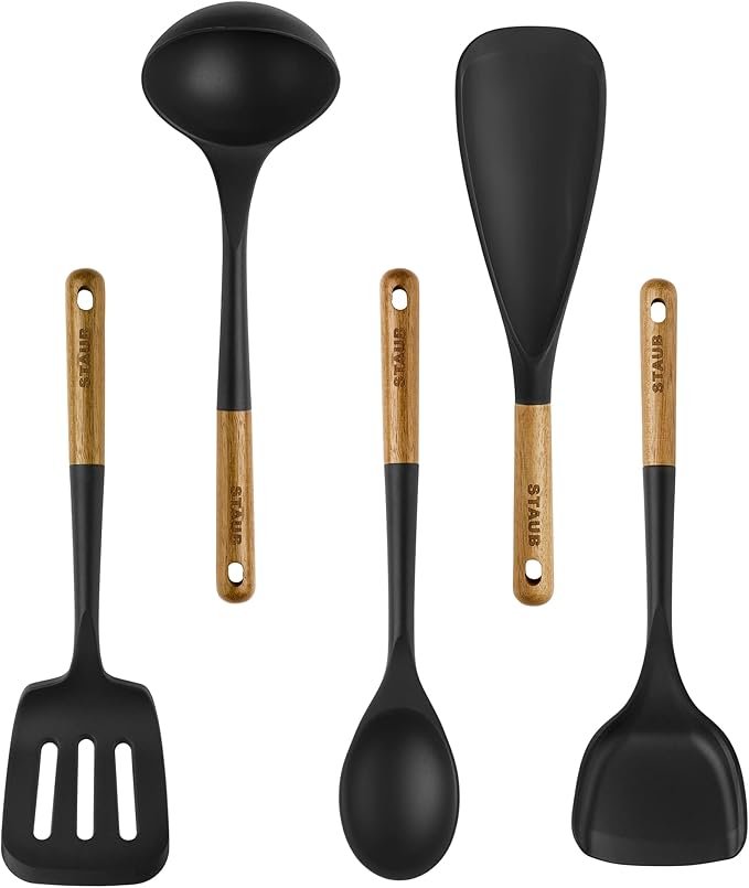 Staub Juego de 5 utensilios de cocina de silicona – Resistentes al calor, mangos ergonómicos, negro