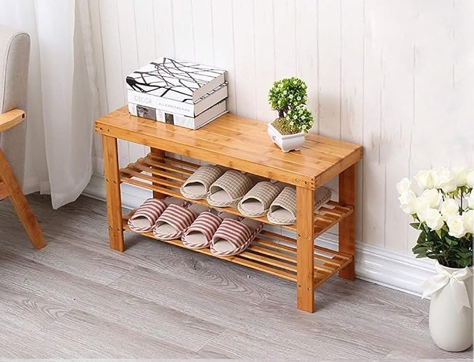 Zapatero de bambú natural de 2 niveles – Banco con asiento, organizador compacto, estantería versátil