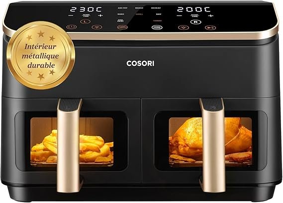 COSORI Airfryer doble zona 8,5 L – 2 compartimentos, 8 en 1, cocción con poco aceite, ahorro energético, apta para lavavajillas, dorada