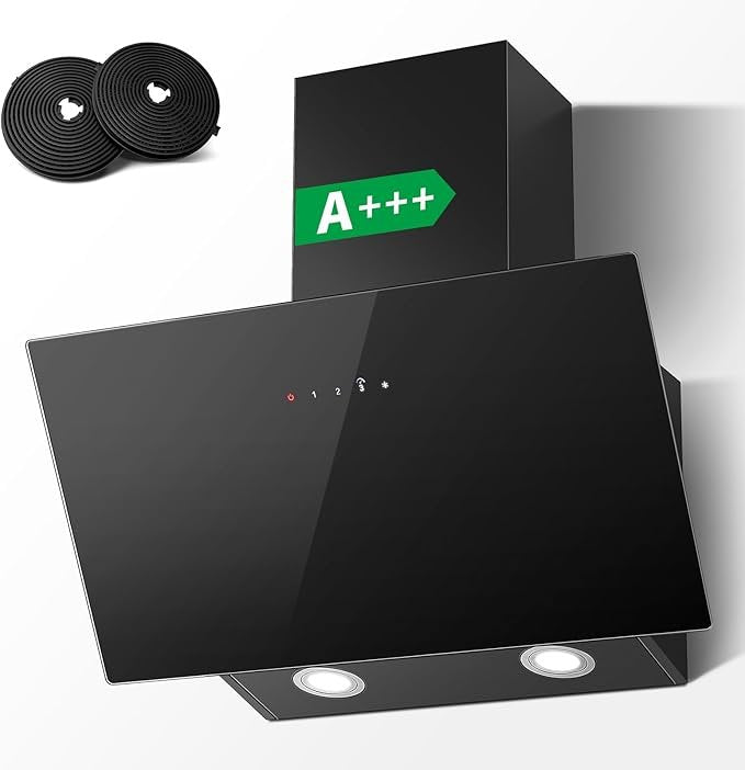 TopStrong Campana de pared 60 cm – Clase A+++, 450 m³/h, filtro de carbón, iluminación LED, 3 velocidades + Booster, control táctil, cristal negro