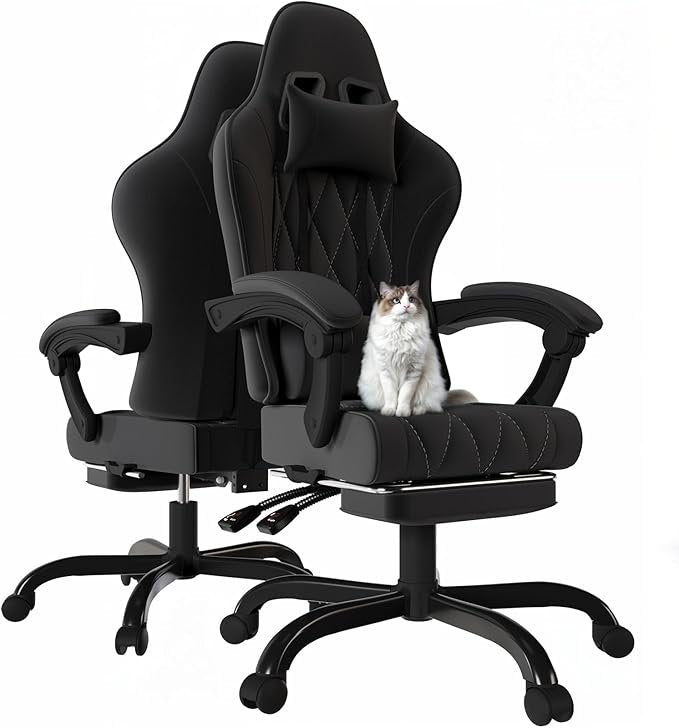 JUMMICO Silla gaming ergonómica de tela – Acolchado con muelles, masaje, reposacabezas, reposapiés, altura regulable, carga 150 kg, negra