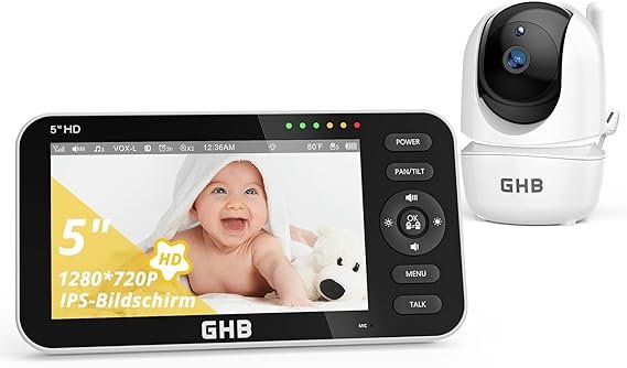 GHB Vigilabebés con vídeo y cámara – Pantalla 5 pulgadas 720p HD, hasta 168 h en modo VOX, pantalla dividida, visión nocturna, zoom 4× y función…