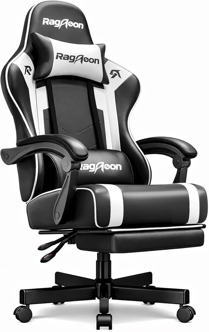 Silla gaming ergonómica – Reposapiés, reposacabezas, soporte lumbar, altura regulable, carga 200 kg, negra