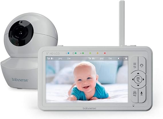 Babysense HDS2 Vigilabebés con vídeo – Pantalla 5 pulgadas 720p HD sin Wi-Fi, luz nocturna, nanas, alcance 300 m, audio bidireccional, modo ECO,…