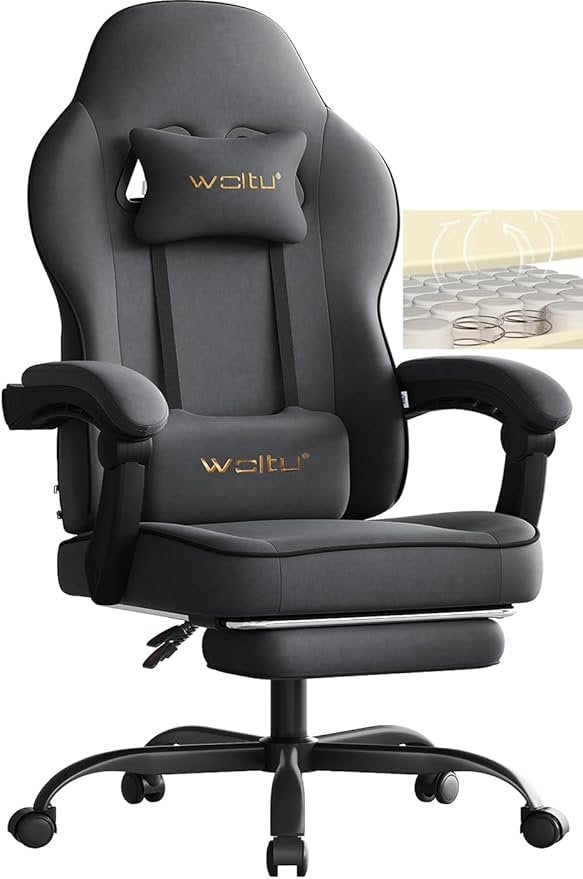 WOLTU Silla gaming ergonómica – Asiento con muelles ensacados, reposapiés, cojines lumbar y de cabeza, carga 150 kg, gris