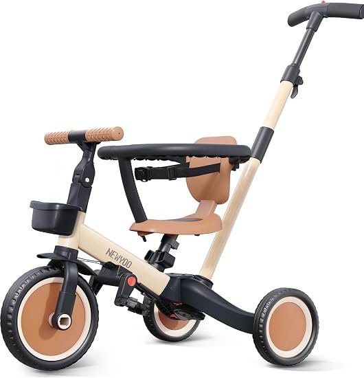newyoo 5 en 1 Triciclo / bicicleta sin pedales infantil 1-3 años con barra de empuje, manillar regulable y arco de seguridad, caqui