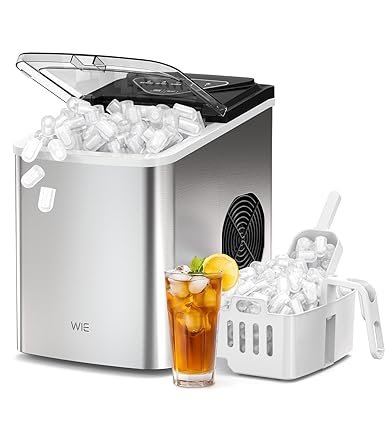 WIE Máquina de hielo 15 kg – 9 cubitos en 6 min, asa portátil, plateada, para hogar/cocina/oficina/autocaravana