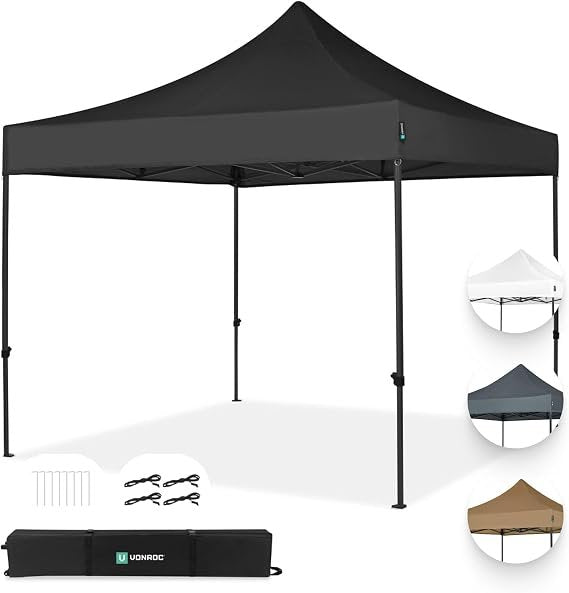VONROC Cenador plegable 3 × 3 m EasyUp – Impermeable, estable, ampliable de forma modular, montaje en 3 minutos, negro