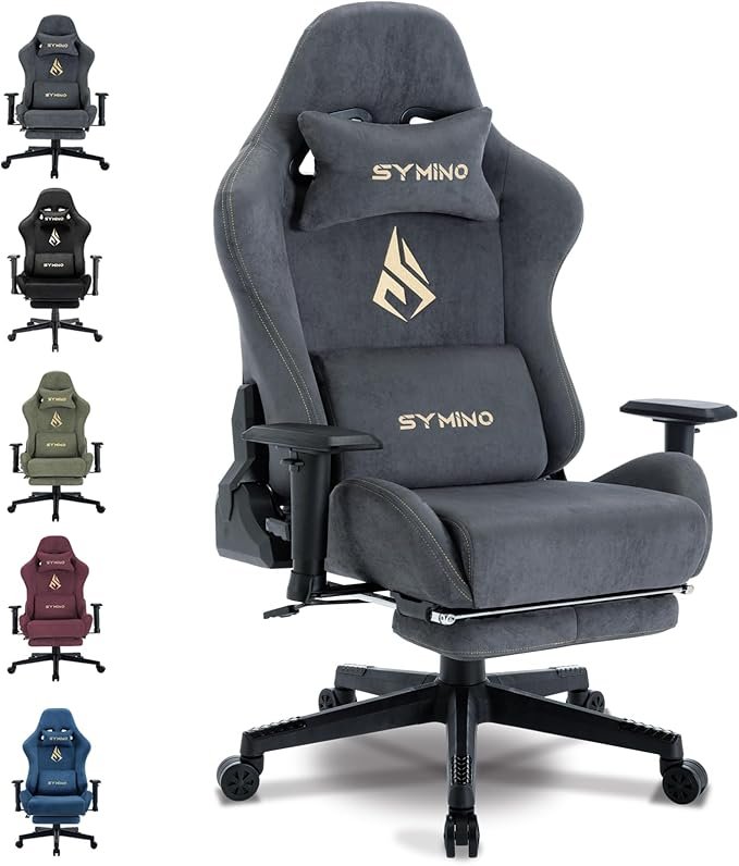 Symino Silla gaming ergonómica – Tejido suave y transpirable, reposapiés, giratoria y regulable, gris