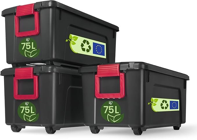 Iris Ohyama SIA-60 Power Box Lote de 3 cajas de almacenamiento 60 L – Plástico, tapa, clips y asas