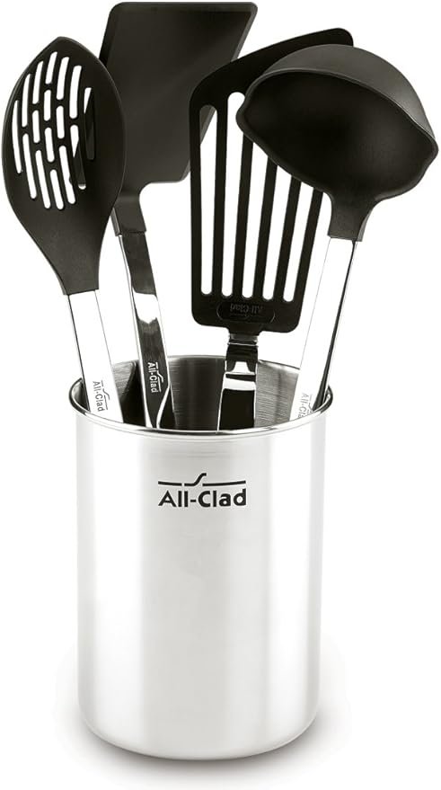 All-Clad Juego de 4 utensilios de cocina con cabezales de nailon – Acero inoxidable, recipiente incluido, plateado