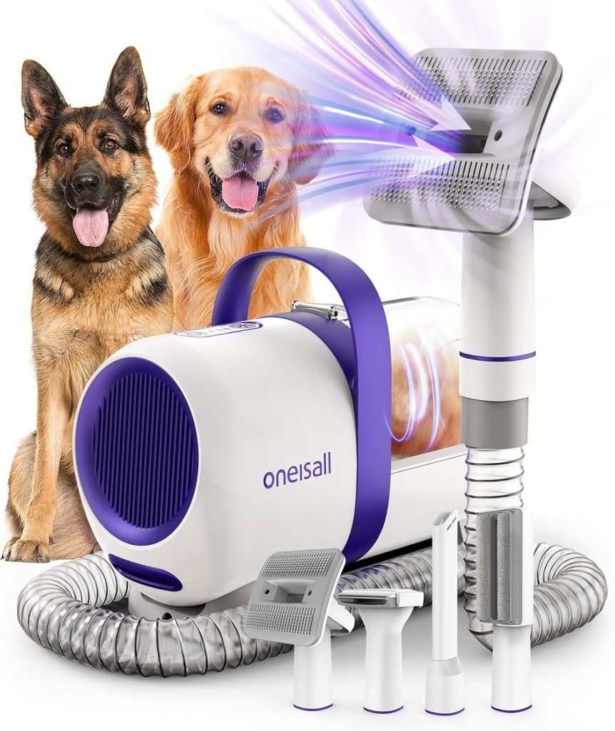 oneisall Aspirador para perros con cepillo – Potencia 12.000 Pa, aspiración del pelo con un botón, 4 accesorios de aseo