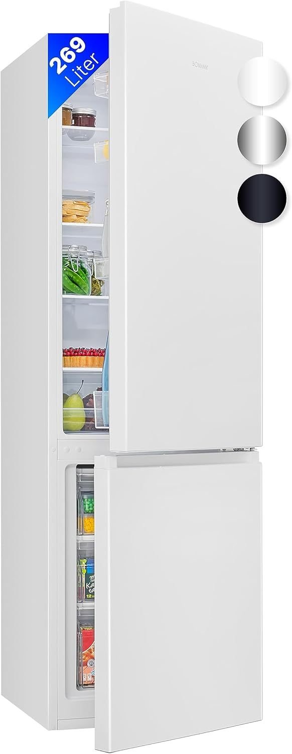 Bomann Frigorífico-congelador 269 L – 198 L refrigeración + 71 L congelación, 39 dB, LED, puerta reversible, 180 × 55 × 55,8 cm, KG 184.1 blanco