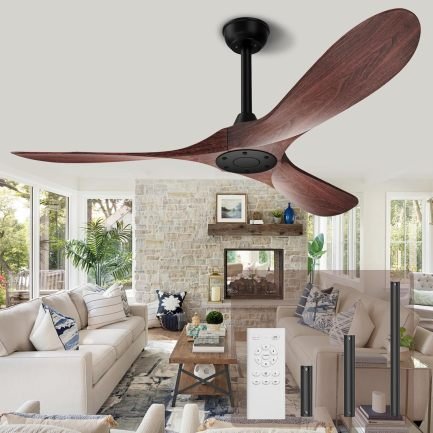 Biukis Ventilador de techo 152 cm con mando a distancia – 6 velocidades, motor DC reversible, interior/exterior, acabado nogal