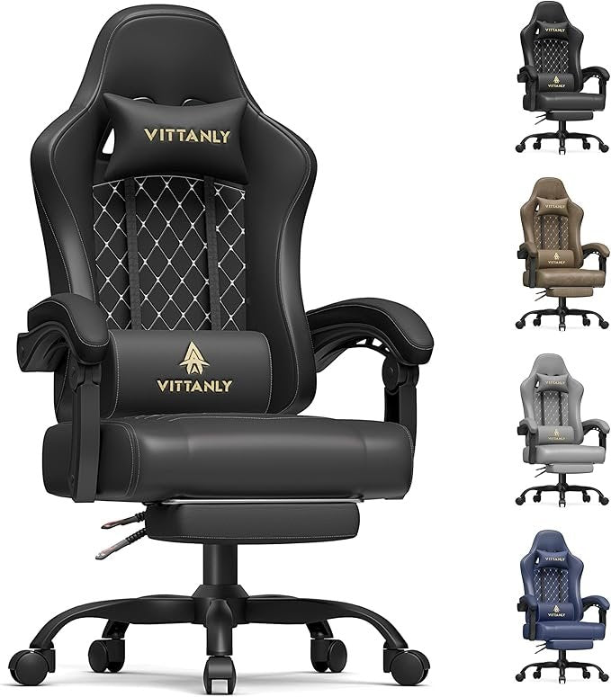 Vittanly Silla gaming ergonómica – Asiento con muelles, reposacabezas, cojín lumbar, reposapiés, altura regulable, carga 150 kg, negra