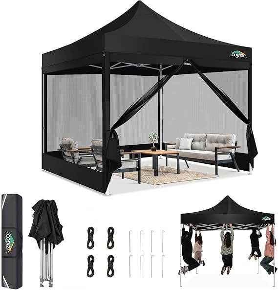 COBIZI Cenador plegable 3 × 3 m – Gazebo pop-up impermeable y estable con protección UV, paredes de mosquitera y bolsa de transporte, negro