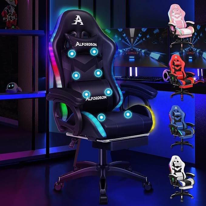 ALFORDSON Silla gaming Racing ergonómica RGB LED – Masaje, reposapiés, respaldo 90-150°, carga 180 kg, negra