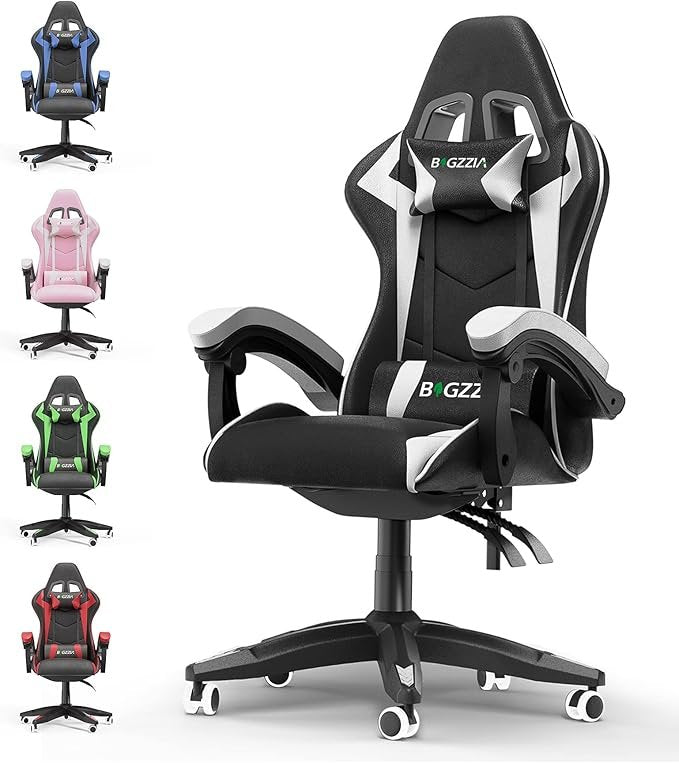 bigzzia Silla gaming ergonómica – Cojín lumbar, reposacabezas, altura regulable, para adultos, negro/blanco