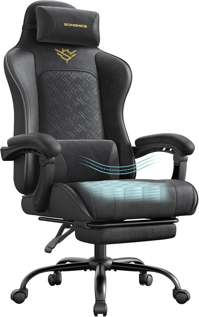 SONGMICS Silla gaming ergonómica – Asiento con muelles, reposapiés y reposabrazos sincronizados, Ink Black OBG079B01