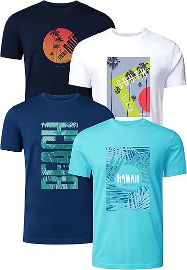 FULL TIME SPORTS PRINT-003 Camisetas hombre, pack de 4 – 100 % algodón, manga corta, cuello redondo, estampados casuales