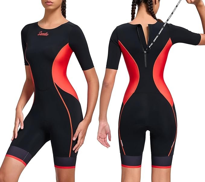 Santic Mono de triatlón para mujer – Una pieza acolchada, manga corta, secado rápido, ajuste ceñido para ciclismo y triatlón