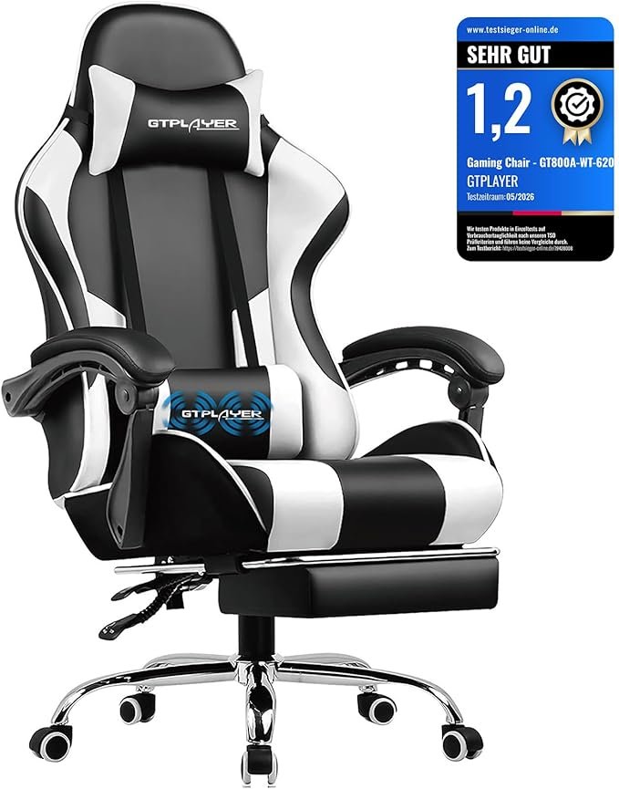 GTPLAYER Silla gaming ergonómica con reposapiés – Cojín lumbar con masaje, acolchada, carga 150 kg, blanca