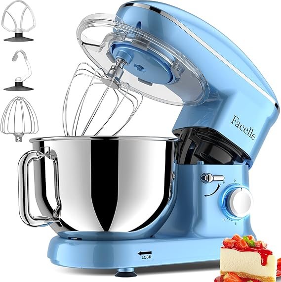 Facelle Robot de cocina 1500 W – Bol 6,2 L, gancho amasador, batidor y varillas, protector antisalpicaduras, azul