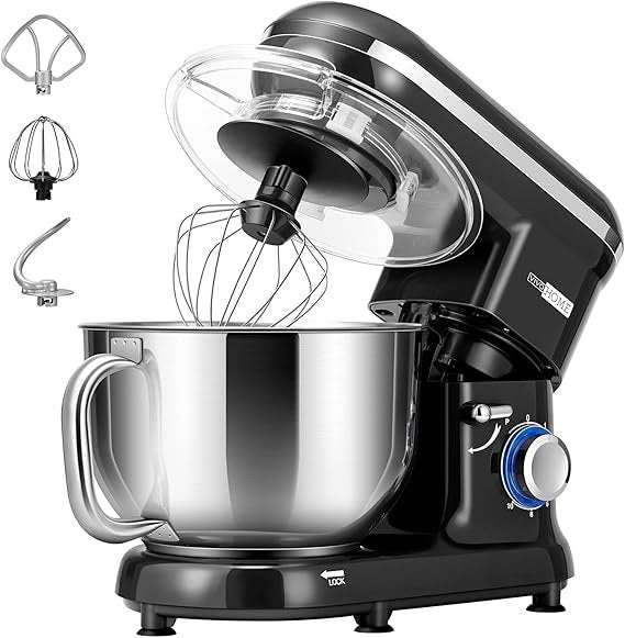 VIVOHOME Robot de cocina 5,7 L – 1500 W, 10 velocidades, bol de acero inoxidable, varillas, gancho amasador y batidor plano, negro