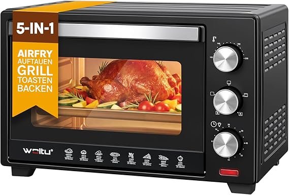 WOLTU Mini horno 28 L – 1600 W, 100-230 °C, 3 modos de calentamiento, temporizador 60 min, bandeja y rejilla incluidas, negro