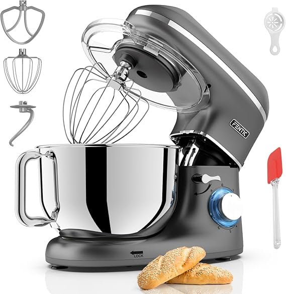 Robot de cocina 2000 W con bol de acero inoxidable 6,2 L – Varillas, gancho amasador, batidor plano y accesorios, antracita