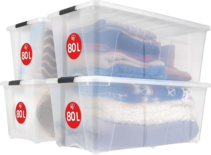 Iris Ohyama Lote de 4 cajas de almacenamiento 80 L – Grandes cajas de plástico transparente con tapa, clips y asas (TB-84D)