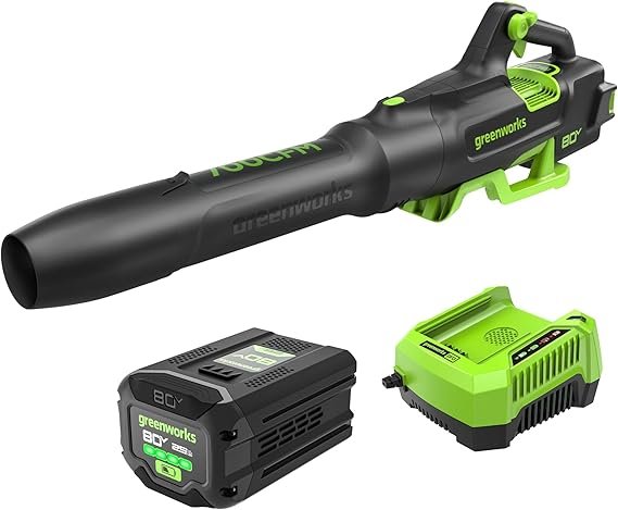 Greenworks Soplador de hojas inalámbrico 80 V – Motor sin escobillas, 700 CFM / 170 MPH, Turbo y Cruise Control, batería 2,5 Ah y cargador rápido…
