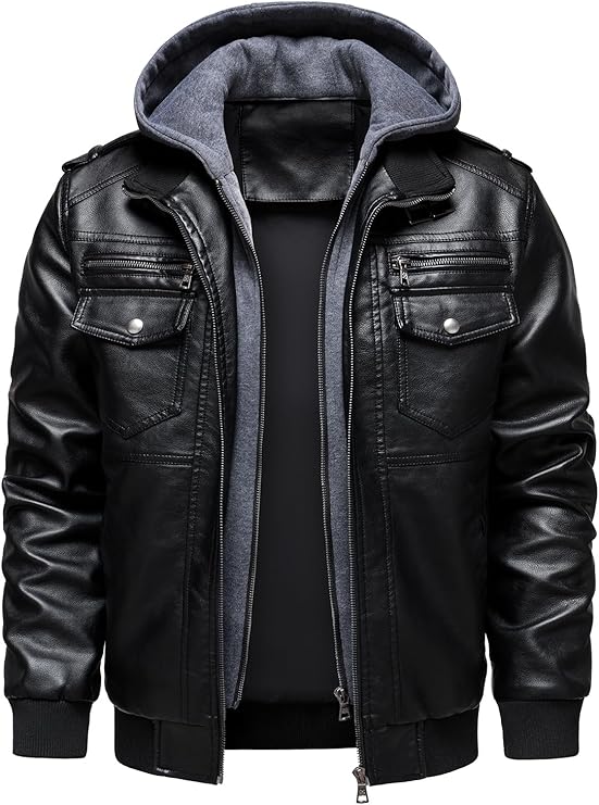 HOOD CREW Chaqueta hombre de polipiel con capucha – Biker vintage estilo bomber, repelente al agua y cortavientos