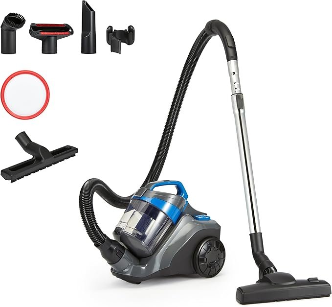 Amazon Basics Aspirador de trineo sin bolsa 850 W – Depósito 1,7 L, filtro HEPA, compacto y ligero, negro/azul