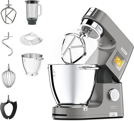 Kenwood Titanium Chef Patissier XL KWL90.034SI – Robot 1400 W con báscula integrada, 2 boles, batidor K, gancho, varillas y batidor flexible, plateado