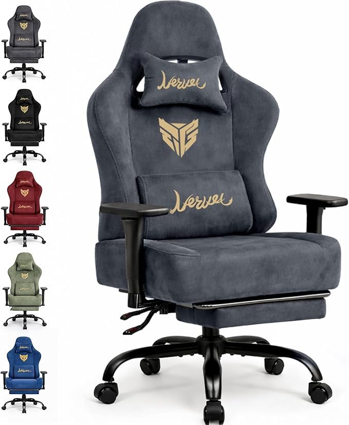 Silla gaming ergonómica de tela efecto ante – Reposabrazos 3D, respaldo regulable, reposapiés, carga 220 kg, gris