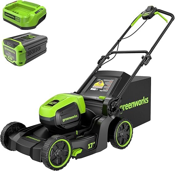 Greenworks Cortacésped inalámbrico 60 V 17 pulgadas – Motor sin escobillas, 2 en 1 mulching y recogida, batería 4,0 Ah y cargador 3 A incluidos