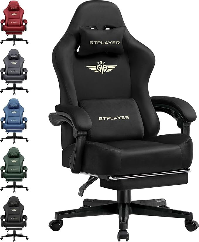 GTPLAYER Silla gaming ergonómica – Tejido transpirable, respaldo regulable a 160°, reposapiés retráctil, carga 180 kg, negra