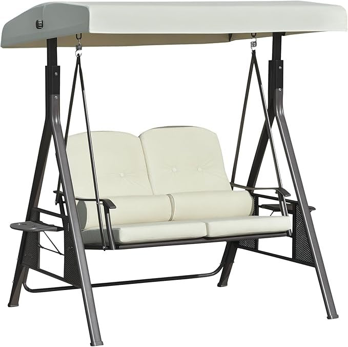 Outsunny Columpio de jardín 2 plazas – Techo regulable, cojines, almohadas y mesita, beige