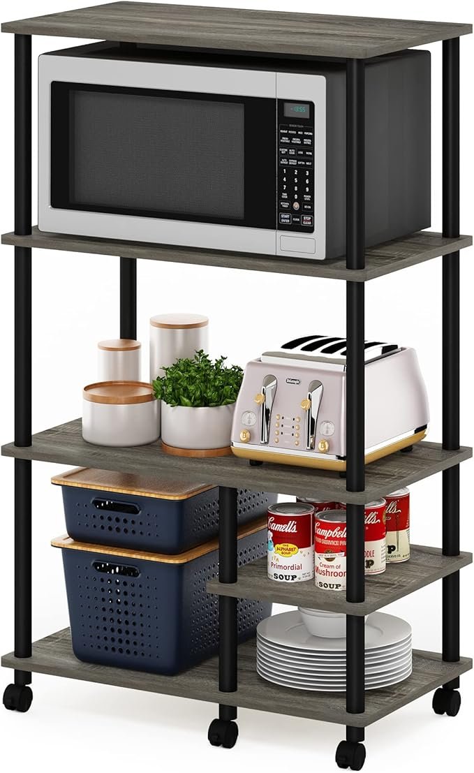 Furinno Turn-N-Tube Estantería de cocina con ruedas 4 niveles – Montaje sin herramientas, roble gris/negro
