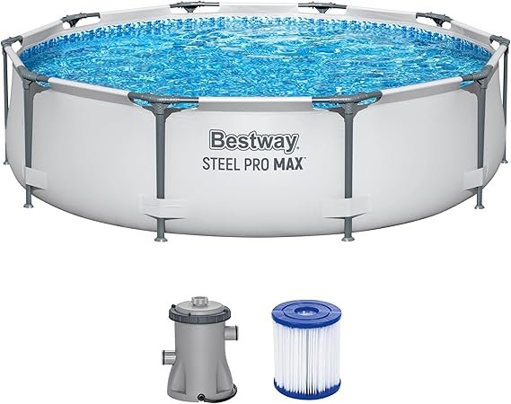 Bestway Steel Pro Max Piscina tubular redonda con bomba de filtrado Ø 305 × 76 cm, gris claro