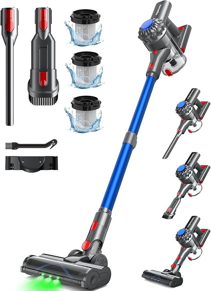 Aspirador escoba inalámbrico 450 W – Succión 40 kPa, autonomía 50 min, cepillo de suelo con LED verde, azul