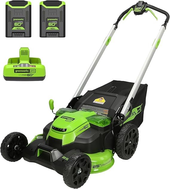 Greenworks Cortacésped inalámbrico 60 V 25 pulgadas – Autopropulsado, motor sin escobillas, 2 baterías 4,0 Ah y cargador doble, hasta 80 min de…