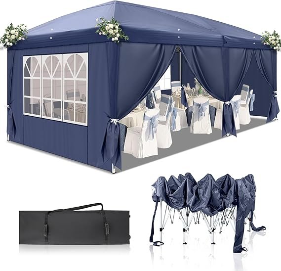 Cenador plegable 3 × 6 m – Carpa de recepción impermeable, estable, resistente al invierno, UV 50+, Oxford 420D, altura regulable, azul
