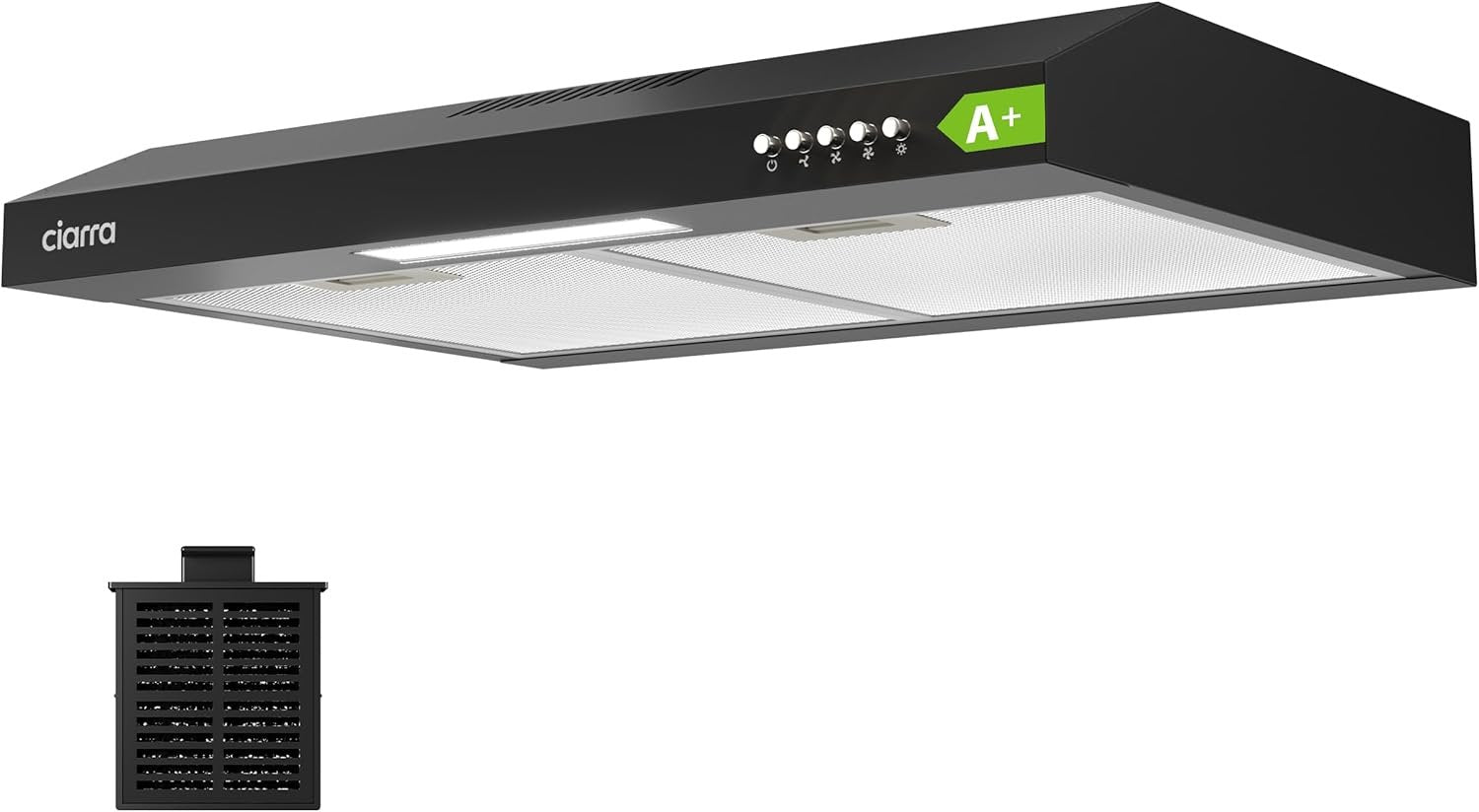 CIARRA CBCB6903D Campana bajo mueble 60 cm – Clase A+, 3 velocidades, extracción/recirculación, filtro de carbón CBCF009 incluido, negra