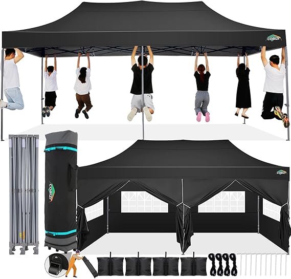 COBIZI Cenador plegable 3 × 6 m – Carpa pop-up impermeable con paredes, estable y resistente al invierno, bolsa de transporte con ruedas, negra
