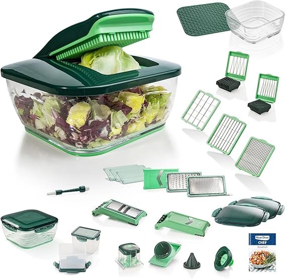 Genius Nicer Dicer Chef Cortaverduras multifunción 34 en 1 – Mandolina, rallador profesional, bol de vidrio, cortatomates, rodajas, bastones,…